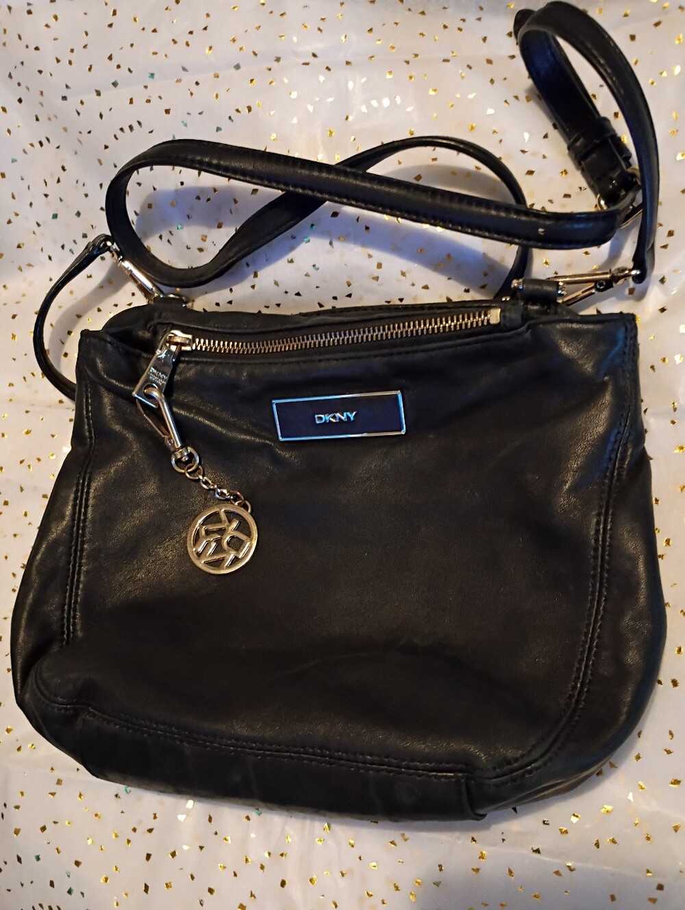 DKNY Donna Karan Black Leather Double Zip Crossbody Bag